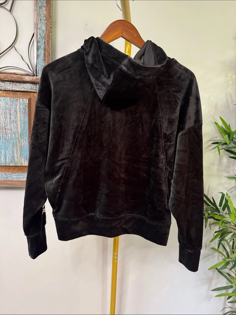 DKNY Black Velvet Hoodie with Gold and silver sequins Logo Sleeve EUC